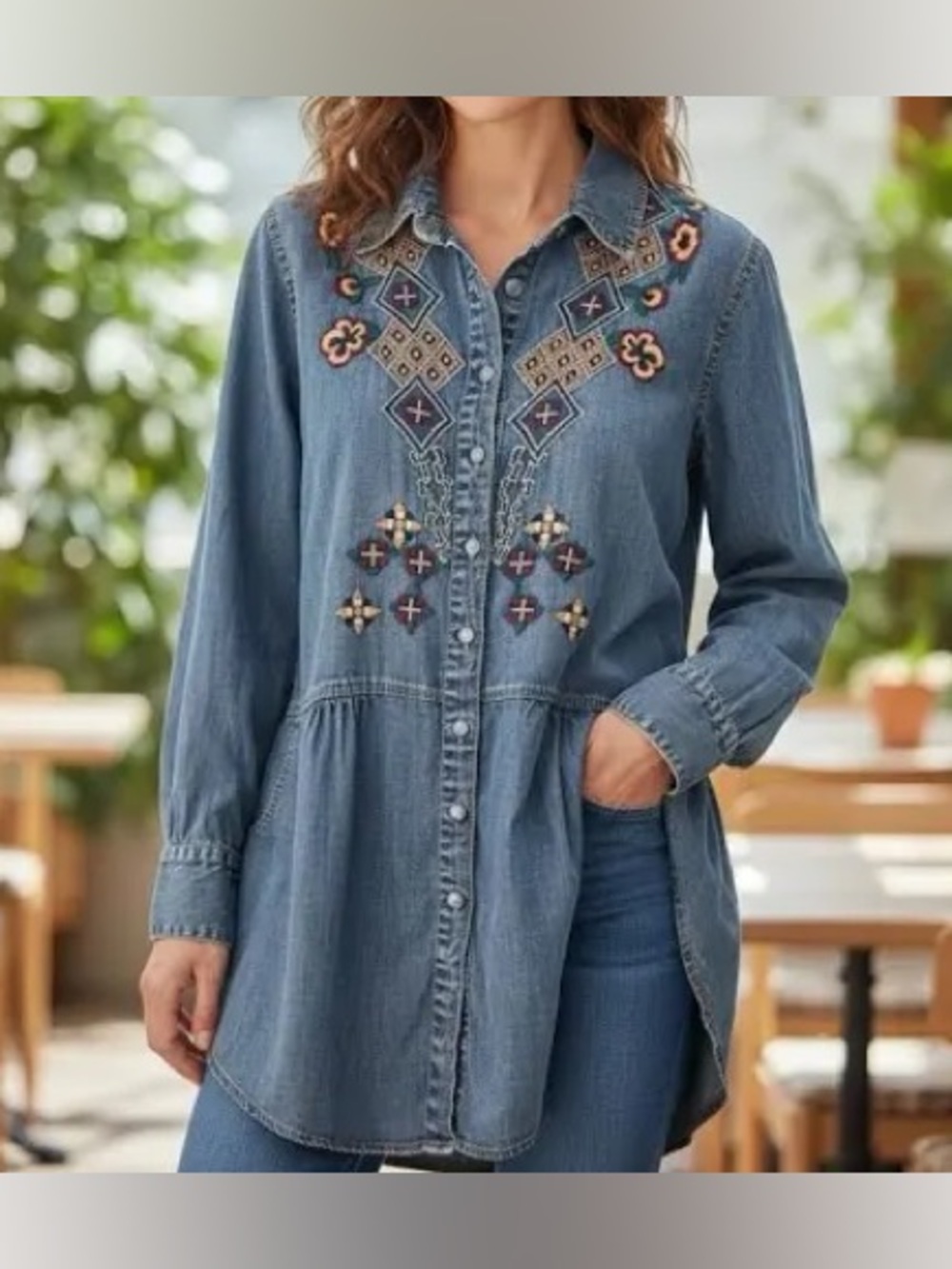 Soft Surroundings: XL, Embroidered Denim Button-Down Tunic Shirt - Blue